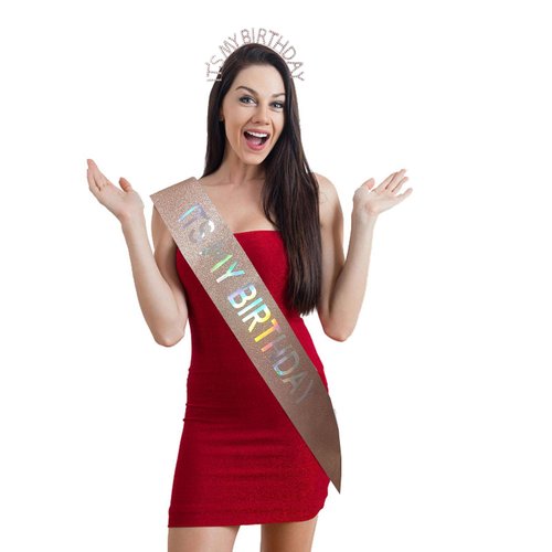 'IT'S MY BIRTHDAY' Sash Headband set,Rose Gold Happy Birthday Sash Crown Tiara for Women,Iridescence Multicolor Foil,Girl Party Supplies Decorations for Sweet 16,18,21,30,40,or Any Bday Party