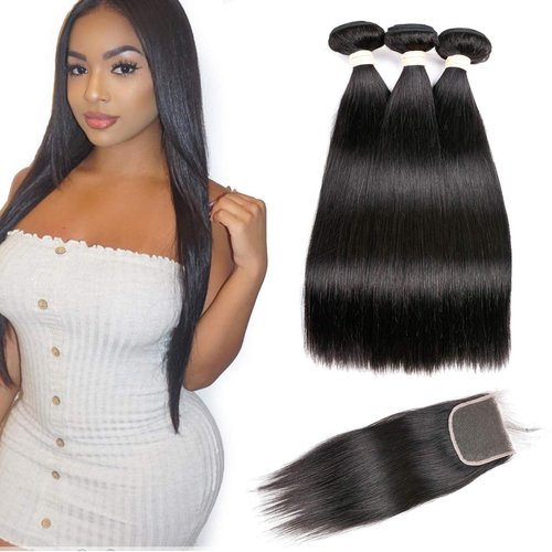 Beauhair Straight Hair Bundles with Closure(12 14 16+12 Closure)100% Brazilian Straight Virgin Hair 3 Bundles with Lace Closure Free Part Human Hair Extensions Natural Black Color