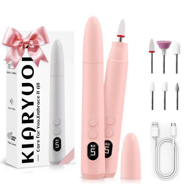 KIARYUOLL Cordless Electric Nail Drill Kit, Portable Rechargeable Nail Drill Set, Battery Electric Nail File, 5 Speeds Modes, LED Lighting, Reversible Direction, DIY, Professional (Pink)