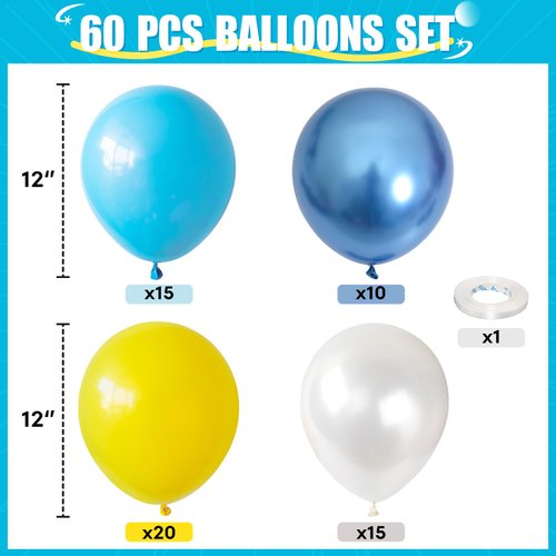 Yellow Blue Balloon, 60 PCS 12 Inch Sponge Theme Balloons Metallic Blue Yellow White Balloons for Kids Cartoon Sponge Party Baby Shower Birthday Party Supplies Sponge Party Decorations