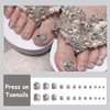 MISUD Sparkly Press on Toenails Glossy Glue on Fake Toe Nails Silver Glitter Acrylic Toe Fake Nails Luxury Rhinestone Stick on False Toenails with Design Full Cover Press-on ToeNails for Women 24pcs