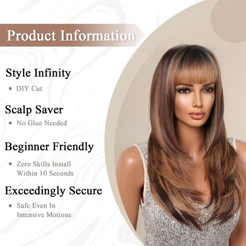 Allbell Colored Honey Brown Wigs for Women Long Straight Layered Synthetic Wigs with Bangs Heat Resistant Hair for Daily Party Use