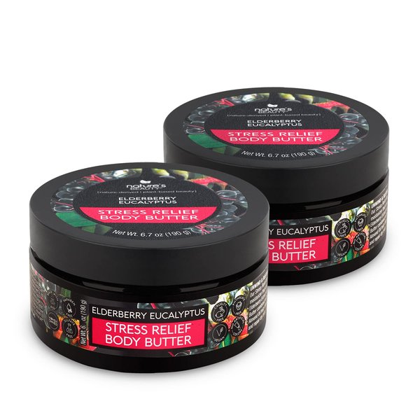 Nature's Beauty Elderberry Eucalyptus Stress Relief Body Butter Multi-Pack - Luxury Moisturizer, Unwind + Restore Your Skin, Made w/Shea Butter, Avocado + Sweet Almond Oil, 6.7 oz (2 Pack)