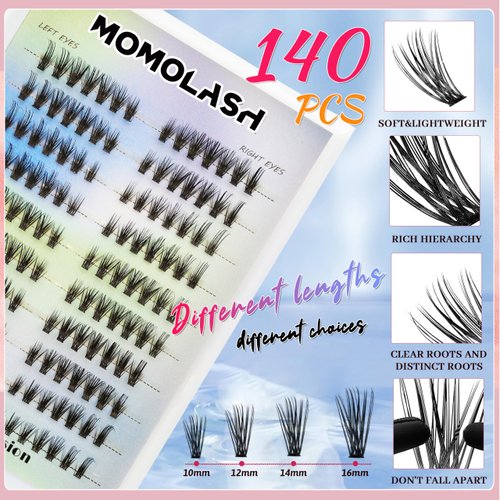 Wispy Lash Clusters Kit Left&Right Cat Eye Cluster Eyelash Extension 140 Pcs DIY C Curl Natural Individual Lashes Kit with Bond and Seal Eyelashes Tweezers Remover Fluffy False Lashes, by MomoLash