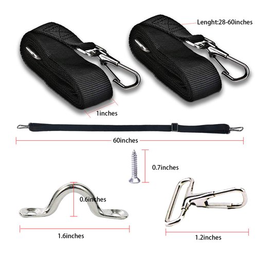 PERCARE 2 Pcs Adjustable Bimini Top Straps Black, Marine Tension Tie Down Webbing Straps with Double Side Hooks + Pad Eye Straps,28"~60" Stainless Steel Boat Awning Hardware Accessories