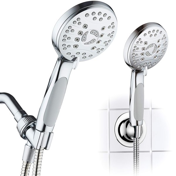 AquaSpa High Pressure 6-setting Luxury Handheld Shower Head – Extra Long 6 Foot Stainless Steel Hose – Anti Clog Jets – Anti Slip Grip – Top US Brand – Includes Extra Wall Bracket – Chrome Finish