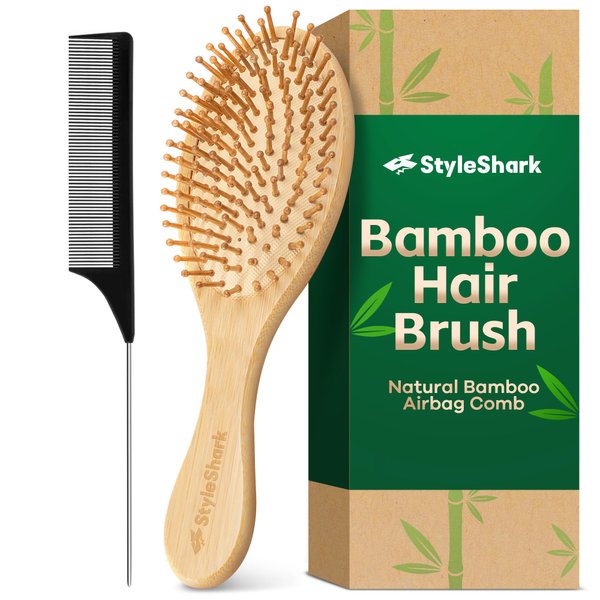 StyleShark Bamboo Hair Brush, Bamboo Brush for Hair Growth, Paddle Brush for Scalp Massager Hair Growth, Hair Brush for Men, Women, and Kids, Bamboo Brush for Curly, Thin, Long, Short, Wet, Dry Hair