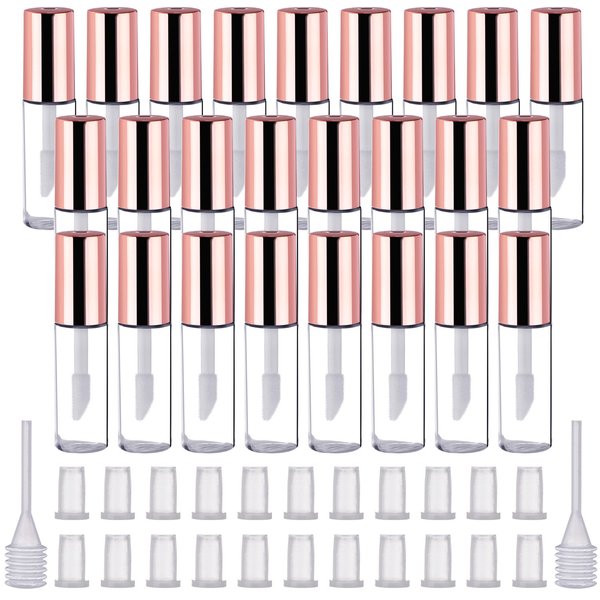 25 Pack Empty Lip Gloss Tubes Containers, Clear Mini Refillable Lip Balm Bottles with Rubber Inserts and Transfer Pipettes for Lip Samples Travel Split Charging DIY Makeup (1.2 ML, Rose Gold)