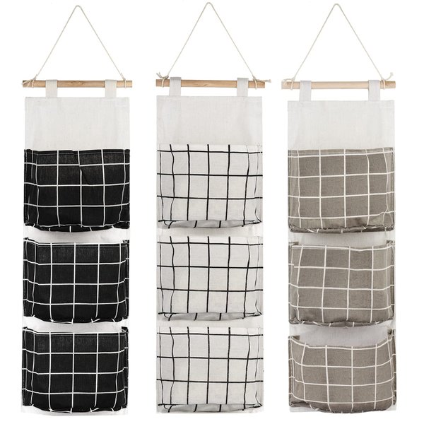 AUHOKY 3Pcs Wall Closet Hanging Storage Bag, Premium Linen Fabric Over The Door Organizer, Hanging Storage Pouches with 3 Pockets for Bedroom Bathroom - Waterproof & Stylish (Black/Gray/White)