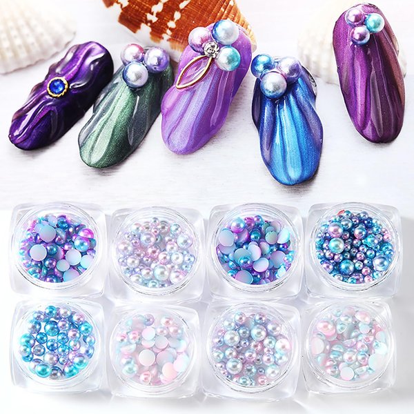 SILPECWEE 8 Boxes Mermaid Nail Pearls Iridescent Circular&Semi Circular Nail Art Pearl 3D Flat Back Pearl Nail Charms Pearls Beads Acrylic Nail Decorations for DIY Nails Accessories