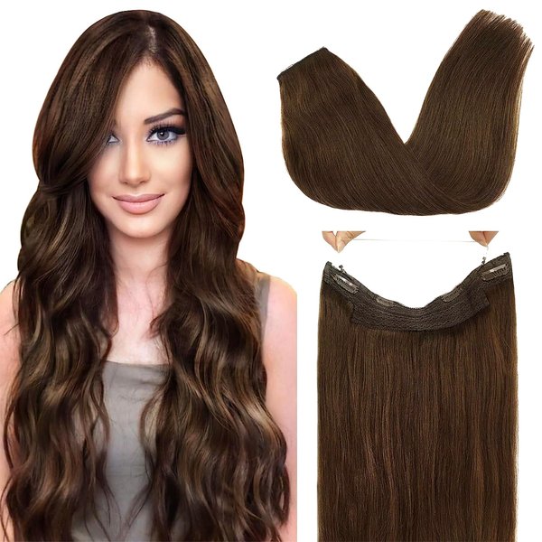 GOO GOO Wire Hair Extensions Real Human Hair, 14inch 75g Chocolate Brown, Invisible Wire Hair Extensions with Transparent, Seamless Fish Line Hairpiece, Straight Remy Hair Extensions