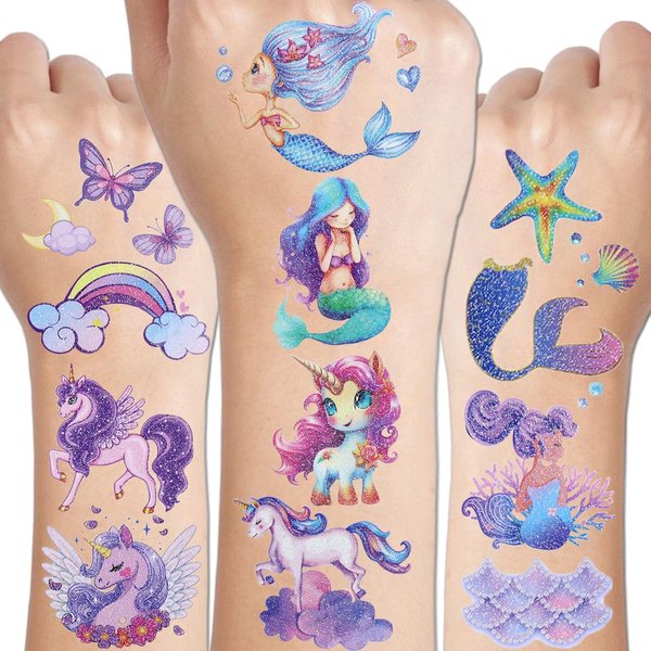 CHARLENT Glitter Unicorn Mermaid Tattoos for Girls - 12 Sheets Glitter Mermaid Unicorn Temporary Tattoos for Girls Birthday Party Favors Goodie Bag Fillers