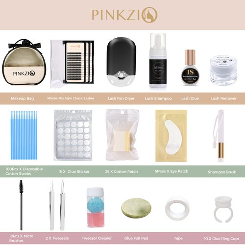 Professional 3D Faux Lash Extensions Kit - PINKZIO Eyelash Extension Supplies with Semi-Permanent Lash Extension Glue, Lash Remover, Precision Tweezer, Mascara Wand and Classic Lashes,White