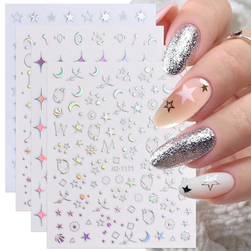 9 Sheets Aurora Holographic Nail Art Stickers Decals Self-Adhesive Pegatinas Uñas Stars Moon Glitter Nail Supplies Nail Art Design Decoration Accessories