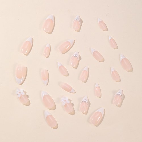 24Pcs Almond Press on Nails French Tip Glue on Nails 3D Bow Pearl Heart Design Medium Length Fake Nails White Nail Tips Glossy Acrylic Press on Nails Cute Stick on Nails for Women Manicure DIY