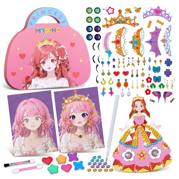 Pretty Princess Game, Paper Dolls Craft Kits, Diamond Painting Art Kits for Kids, Sticker Books Toys, Arts and Crafts for Kids Ages 6-8-12, Dress Up & Makeup Sets for Girls Toys Age 4 5 7 +Years Old