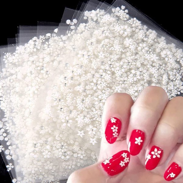 30 Sheets White Flowers Nail Art Stickers, 3D Self- Adhesive Nail Sticker Design, Holographic Small Floral Nail Art Decals Nail Supplies for Women Girls Manicure Charms Decoration Floral Nail Decal