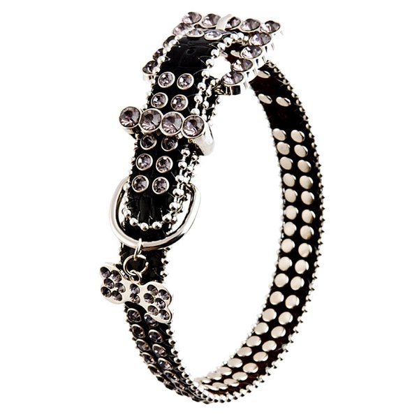 Crazy4Bling Black Leather Dog Collar with Grey Rhinestones and Dog Bone Charm, Size XSmall