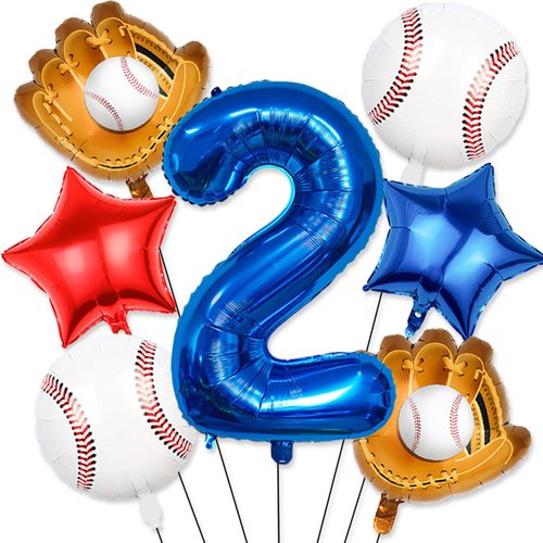 Baseball Balloons 2nd Birthday Decorations for Boys, Baseball Party Decorations Baseball Sports Theme Party Supplies, 40 inch Foil Number Balloons Number 2 Balloon Blue Red White Sports Balloon Kits