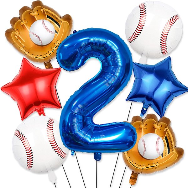 Baseball Balloons 2nd Birthday Decorations for Boys, Baseball Party Decorations Baseball Sports Theme Party Supplies, 40 inch Foil Number Balloons Number 2 Balloon Blue Red White Sports Balloon Kits