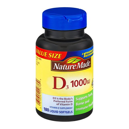 Nature Made D3 1000IU Vitamin D Supplement Liquid Softgels , 180 CT (Pack of 3)