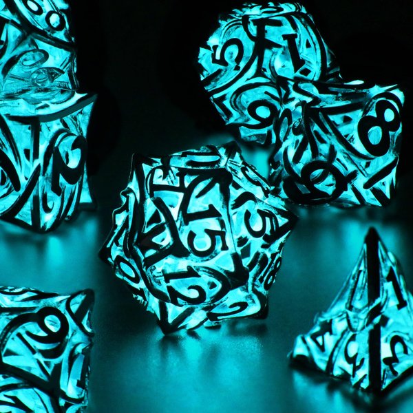 FONVGOGO Glow in The Dark DND Dice Metal Dungeons and Dragon Dice of 7 Polyhedral Dice Set Hollow Metal Vine D&D Dice D and D RPG Dice for Role Playing Game (Vine Glow Blue)