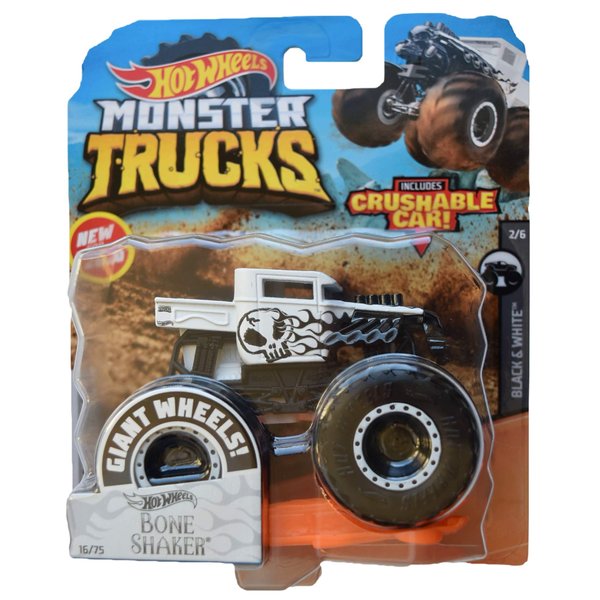 Hot Wheels Monster Trucks 1:64 Scale Bone Shaker 16/75 Crushable Car, Black/White