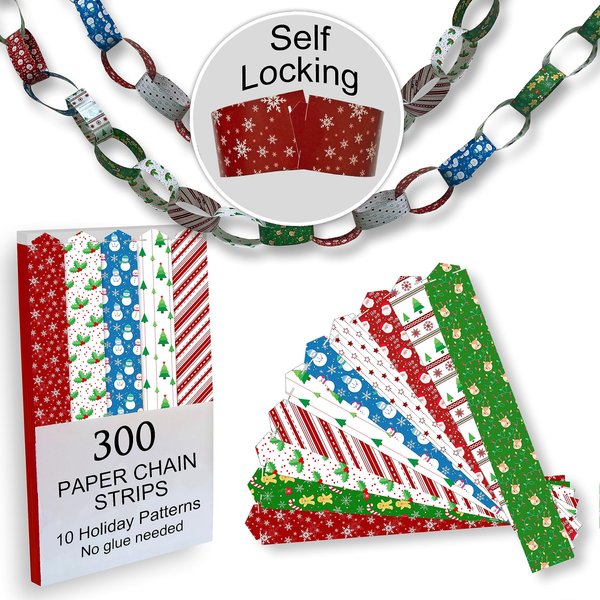 300 Christmas-Themed Paper Chain Strips for Crafting. No Glue or Tape Needed. Kid Friendly & Family Fun. 10 Winter Patterns. Yields Over 50 Feet of Paper Chains for Party Decorations (Christmas)