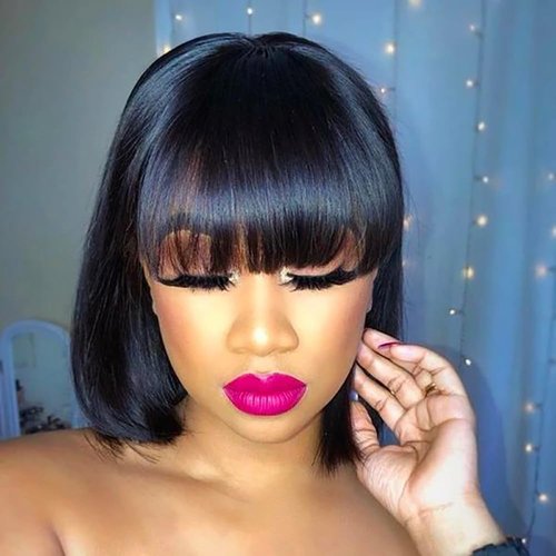 Mofyue Short Human Hair Bob Wigs With Bangs Straight Realistic Scalp Glueless Non Lace Front Wig For Women Blunt Cut Bob Wigs 180% Density (10 Inch)