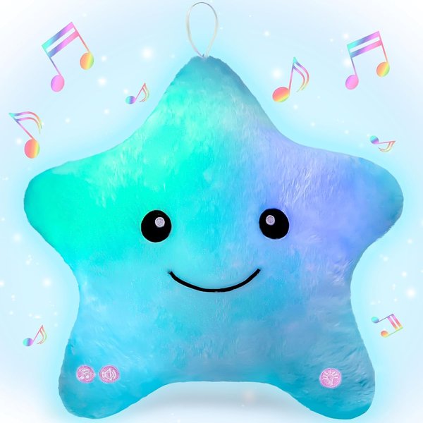 Subao Sensory Toys for Kids with Autism,14" Toddler Pillow with Light & Music,Plush Star Night Light,Kids Sleep Aid Light Up ADHD Autism Sensory Toys,Birthday Xmas Gifts for Boys Girls Age 3-12 Blue