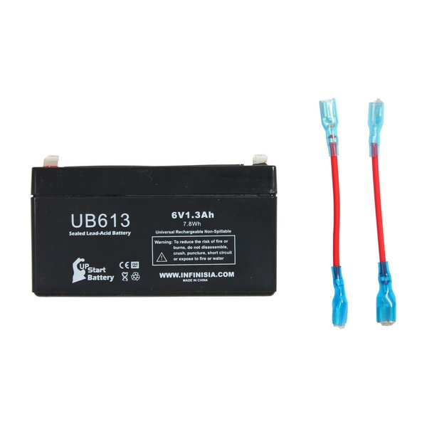 Replacement for Toyo 3FM1.3 Battery - Replacement UB613 Universal Sealed Lead Acid Battery (6V, 1.3Ah, 1300mAh, F1 Terminal, AGM, SLA) - Includes Two F1 to F2 Terminal Adapters