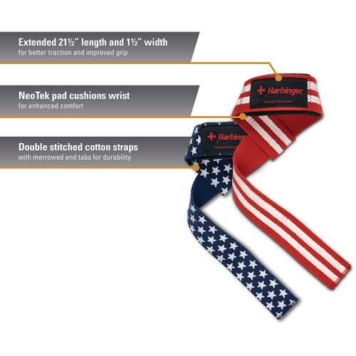 Harbinger Padded Cotton Lifting Straps with NeoTek Cushioned Wrist (Pair), Flag