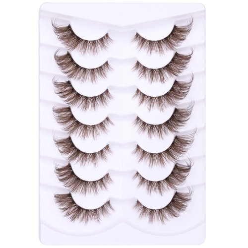 Brown Eyelashes Fairy Lashes Cat Eye Wispy False Eyelashes Strip Lashes Mink Fluffy Strip Lashes Brown Fox Eye Long Volume Fake Eyelashes 7 Pairs ALICROWN