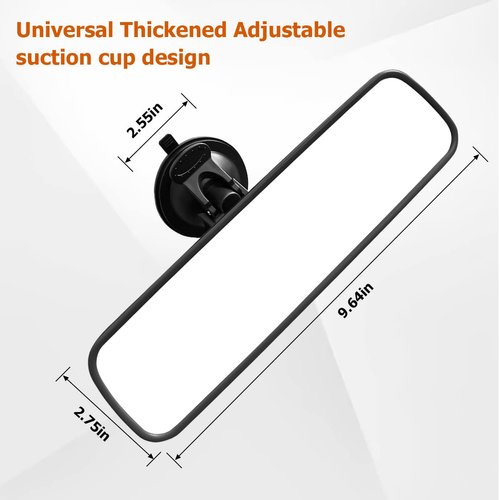 9.8'' Car Rear View Mirror with Suction Cup, Anti Glare Adjustable Auto Interior Rearview Mirror, HD Thickened Vehicle Inside Mirror Reduce Blind Spots, Universal for Marine, Truck, SUV (Black)