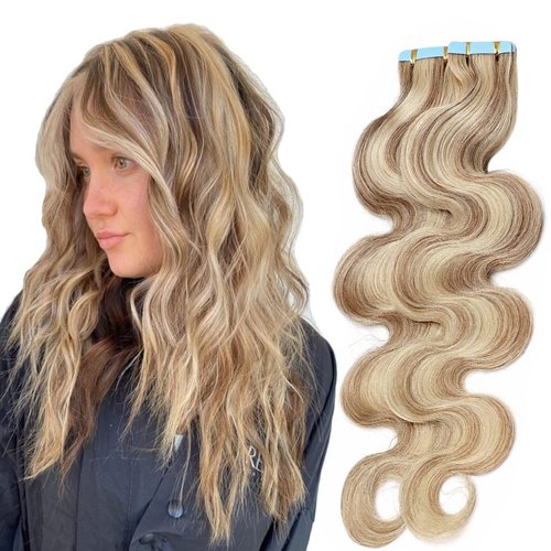 Benehair Remy Tape in Hair Extensions Human Hair Golden Brown&Bleach Blonde Seamless Skin Weft Tape in Real Human Hair Extensions Wavy Hair 20 Inch 100g #12P613 40pcs