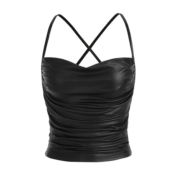 MakeMeChic Women's Faux Leather Top Criss Cross Ruched PU Leather Cami Tank Top Vest Black L