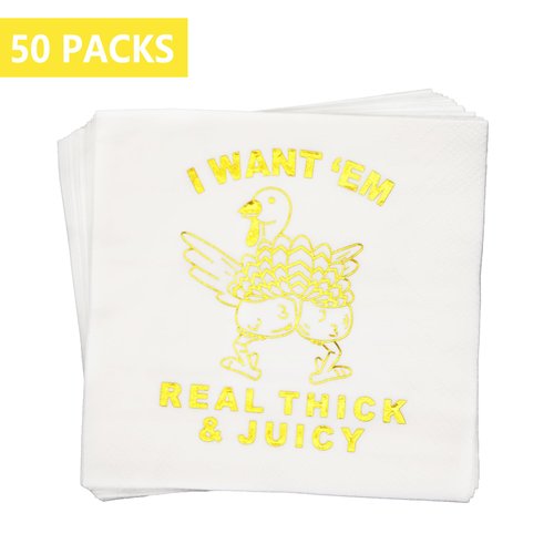I Want Em Real Thick And Juicy Napkins,Thanksgiving Napkins,Friendsgiving Napkins,Thanksgiving Decorations,Friendsgiving Party Decorations,ZJ Thanksgiving Party Decorations(Gold Foil,50-Pack)