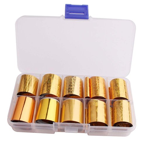 WOKOTO 10 Rolls Gold Foil Nail Art Transfer Stickers Tips Laser Adhesive Nail Wraps Decals Starry Sky Manicure Decoration (0.98inchs*39.4inchs)