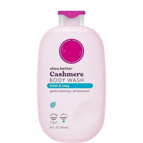 Shea Better Cashmere Body Wash in Fresh & Cozy scent, designed to moisturize and nourish, featuring a pH balanced creamy gel formula, free from parabens and phthalates, available in a 16 fl oz.