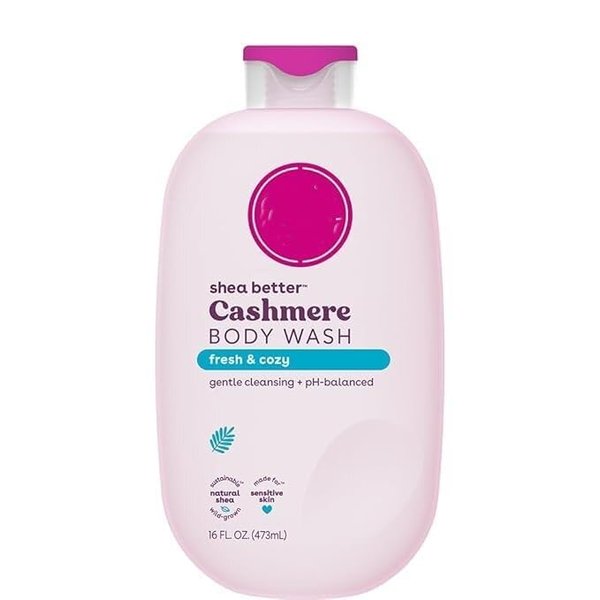 Shea Better Cashmere Body Wash in Fresh & Cozy scent, designed to moisturize and nourish, featuring a pH balanced creamy gel formula, free from parabens and phthalates, available in a 16 fl oz.
