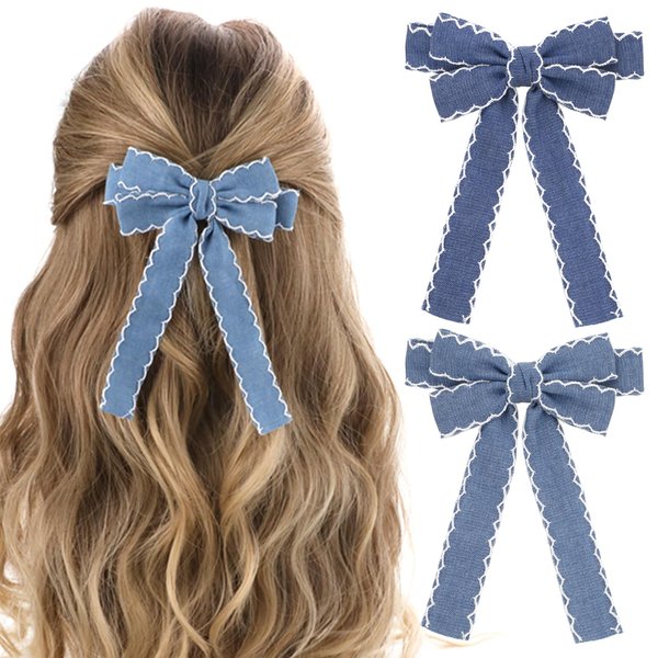 2PCS Hair Bows for Women Bow Hair Clips with Long Tail Bow-knot Hair Clips with Ribbon Ponytail Holder for Women