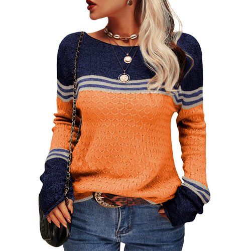 Danedvi Women Autumn Winter Colorblock Pullover Sweaters Round Neck Striped Slim Fitting Knitwear Tops Orange