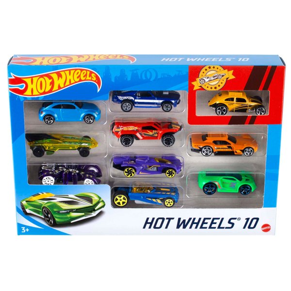 Hot Wheels Toy Cars & Trucks 10-Pack, Set of 10 1:64 Scale Vehicles, Includes Race Cars, Semi, Rescue or Construction Trucks (Styles May Vary)