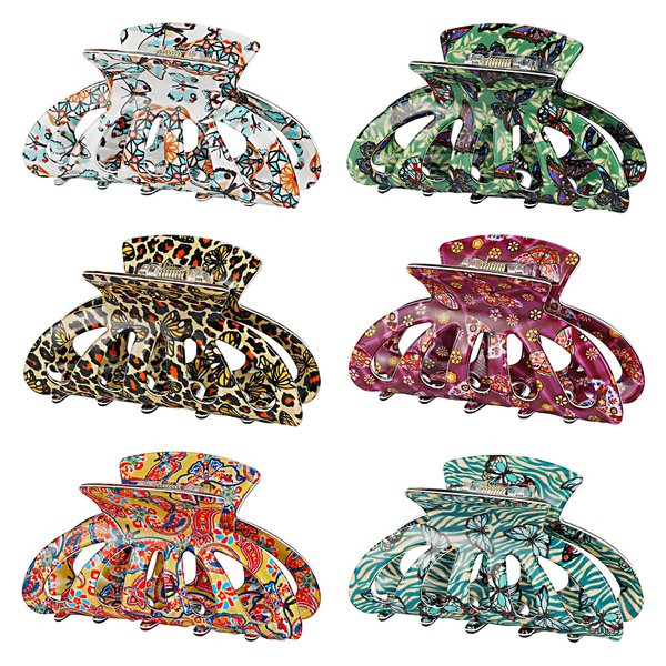 Cobahom 6 Pcs Hollow Medium Claw Clips for Hair Styling, 3.35 Inch Printed Hair Clips for Thin Hair, No-Slip Grip Hair Jaw Clamps for Women Girls, Butterfly Theme