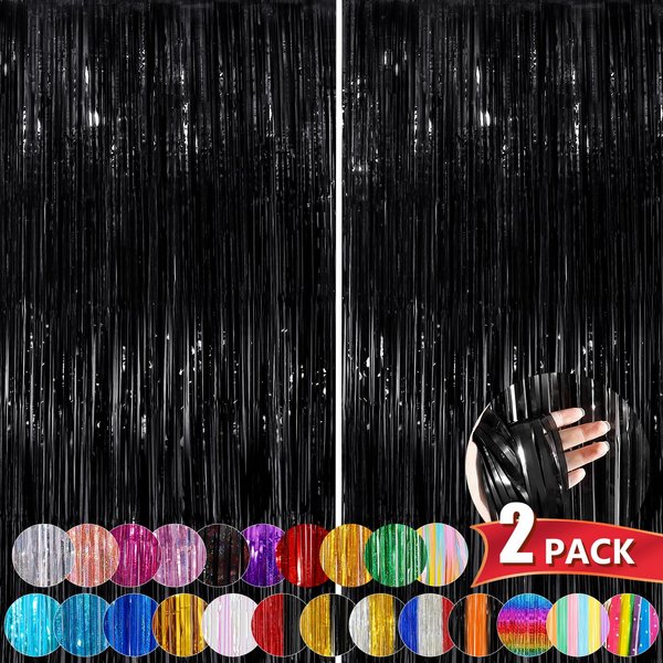 Black Metallic Tinsel Foil Fringe Curtains, 2 Pack 3.3x8.3 Feet Streamer Backdrop Curtains for Birthday Party Decorations, Halloween Decor, Foil Curtain Backdrop for Bachelorette Party