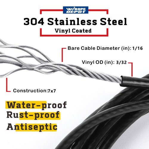 304 Stainless Steel Black Vinyl Coated Wire Rope,1/16 Inch Overmolded to 3/32 Inch for Globe String Lights Hanging,Outdoor Light Guide Wire(100ft)