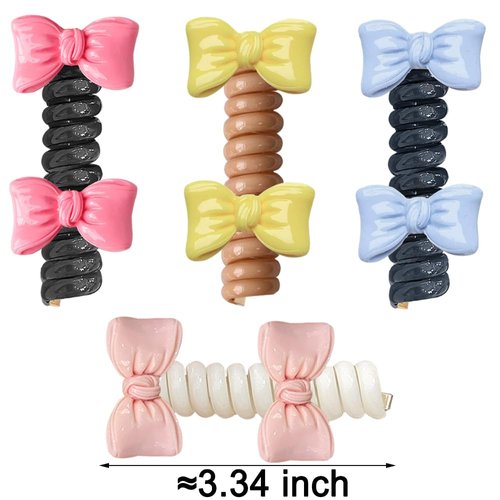 Double Bows Spiral Hair Ties No Damage Telephpone Line Hairties Plastic Coil Hair Ties for Women Teleties Ponytail Holders Telephone Cord Hair Bows Hair Elastics Bow Hair Tie Girls Hair Accessories