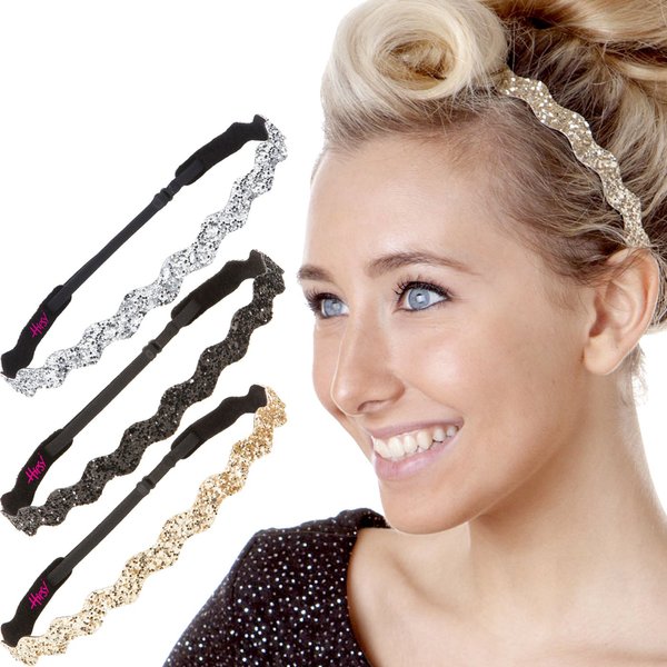 Hipsy Adjustable Non Slip Wave Bling Glitter Headbands for Women Girls & Teens 3-Pack (Black/Gold/Silver)