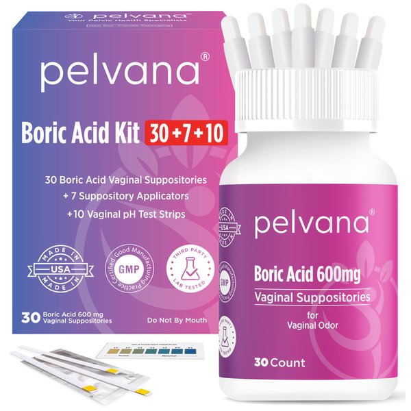 Pelvana Boric Acid Suppositories for Women 30 + 7 Applicators + 10 pH Test Strips = 47 Piece Kit - Third-Party Tested & Made in The USA