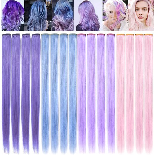 ZHAOWWEI 16 PCS Princess Colored Extensions Multi-Colors Party Highlights Streak Synthetic Hairpieces Clip-In/Clip On Colored Hair Extensions (Lavender+Light blue+Light purple+Light pink)